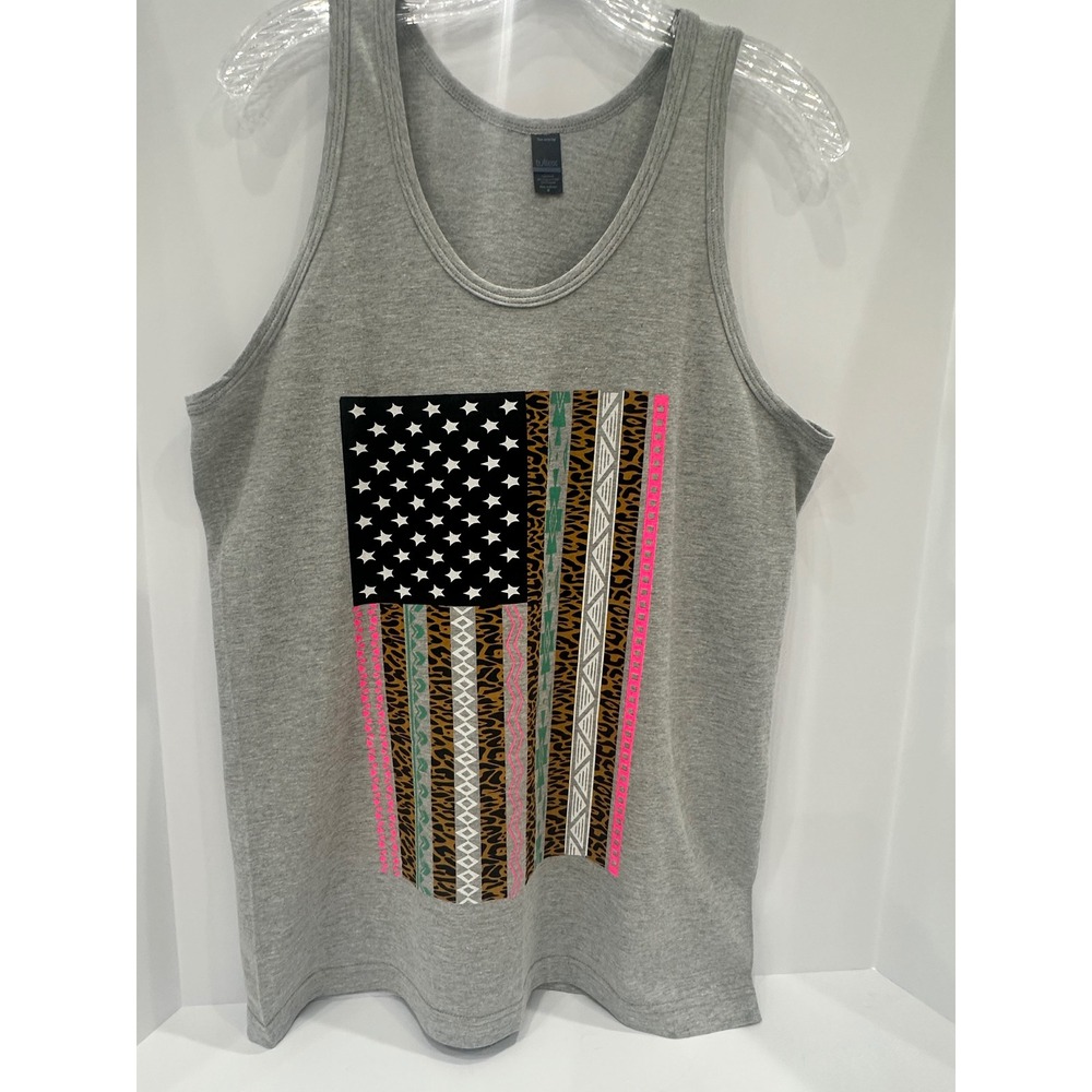 Tultex Mens Gray Tank Top American Flag Leopard Print Graphic Size M